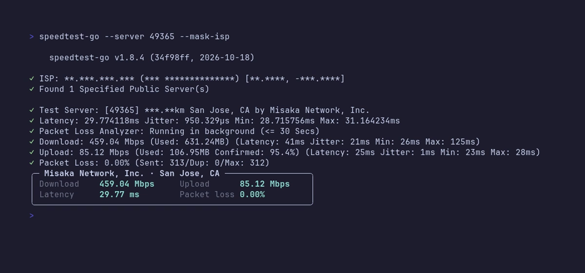 A speed test against a San Jose server, showing the live progress bars, each result, and the summary panel
